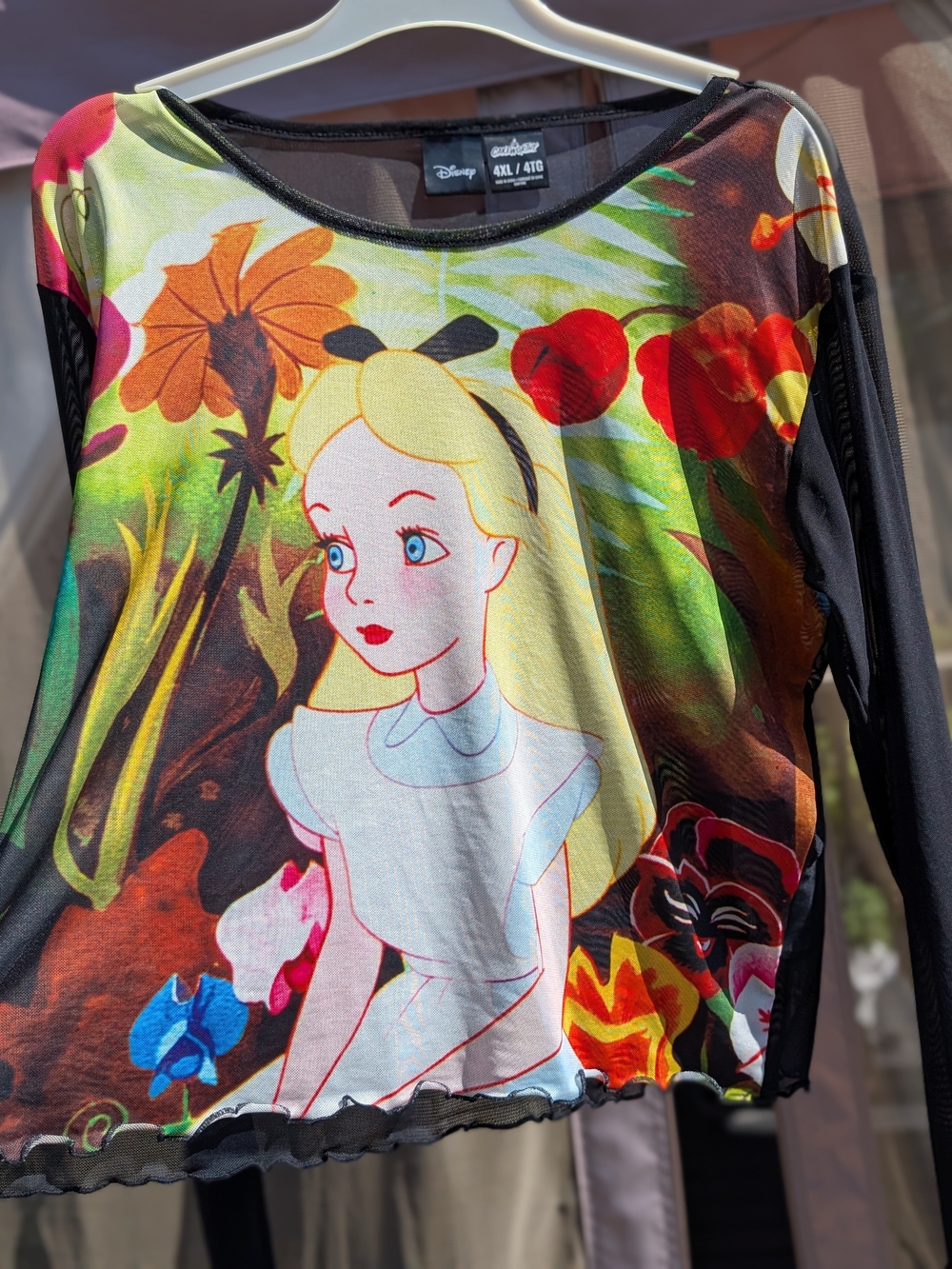 Disney Alice Print Black Mesh Long-Sleeve Crop Top